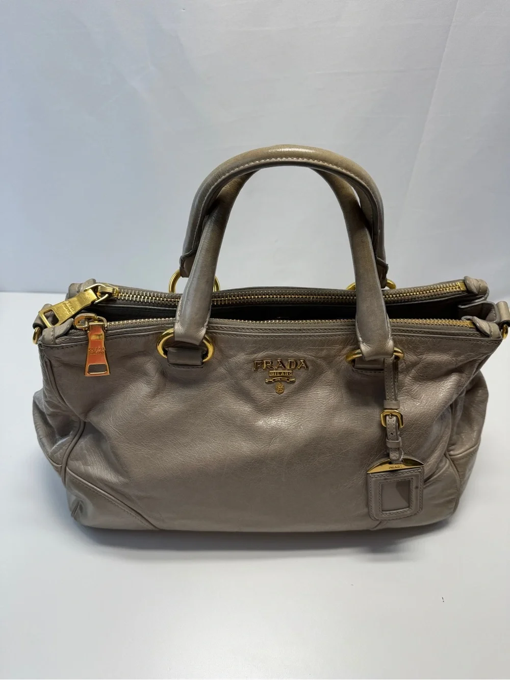 Prada Metallic Taupe Leather Satchel with Gold Hardware